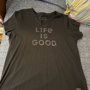 Life Is Good Black V-Neck Tee with Floral Logo